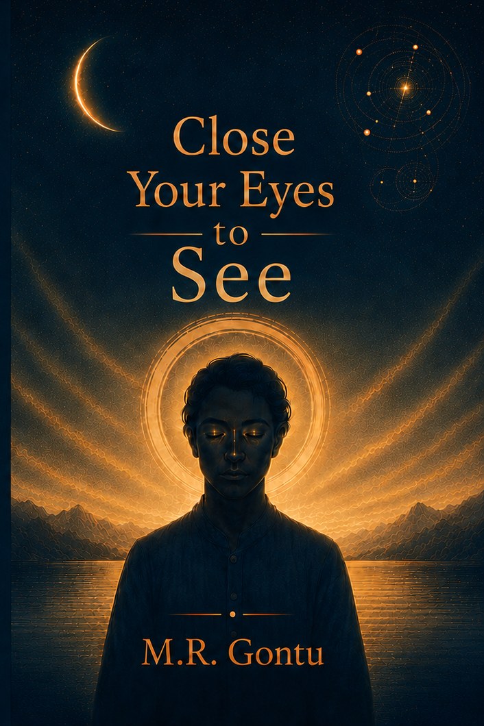 Close Your Eyes to See book cover — a figure with closed eyes haloed in amber light beneath a crescent moon